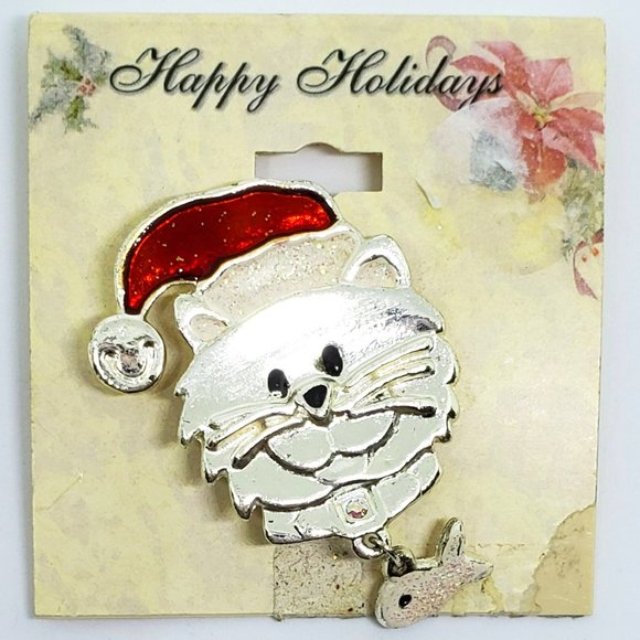Cat Kitten Wearing Santa Hat Holding Dangling Fish Holiday Christmas Pin Brooch - Picture 3 of 6